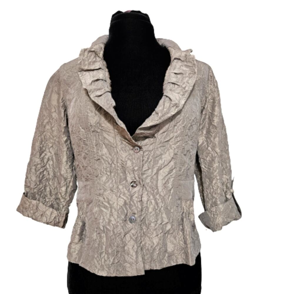 Chico's‎ Taupe Crinkle Ruffled Collar Button Front Blazer Medium